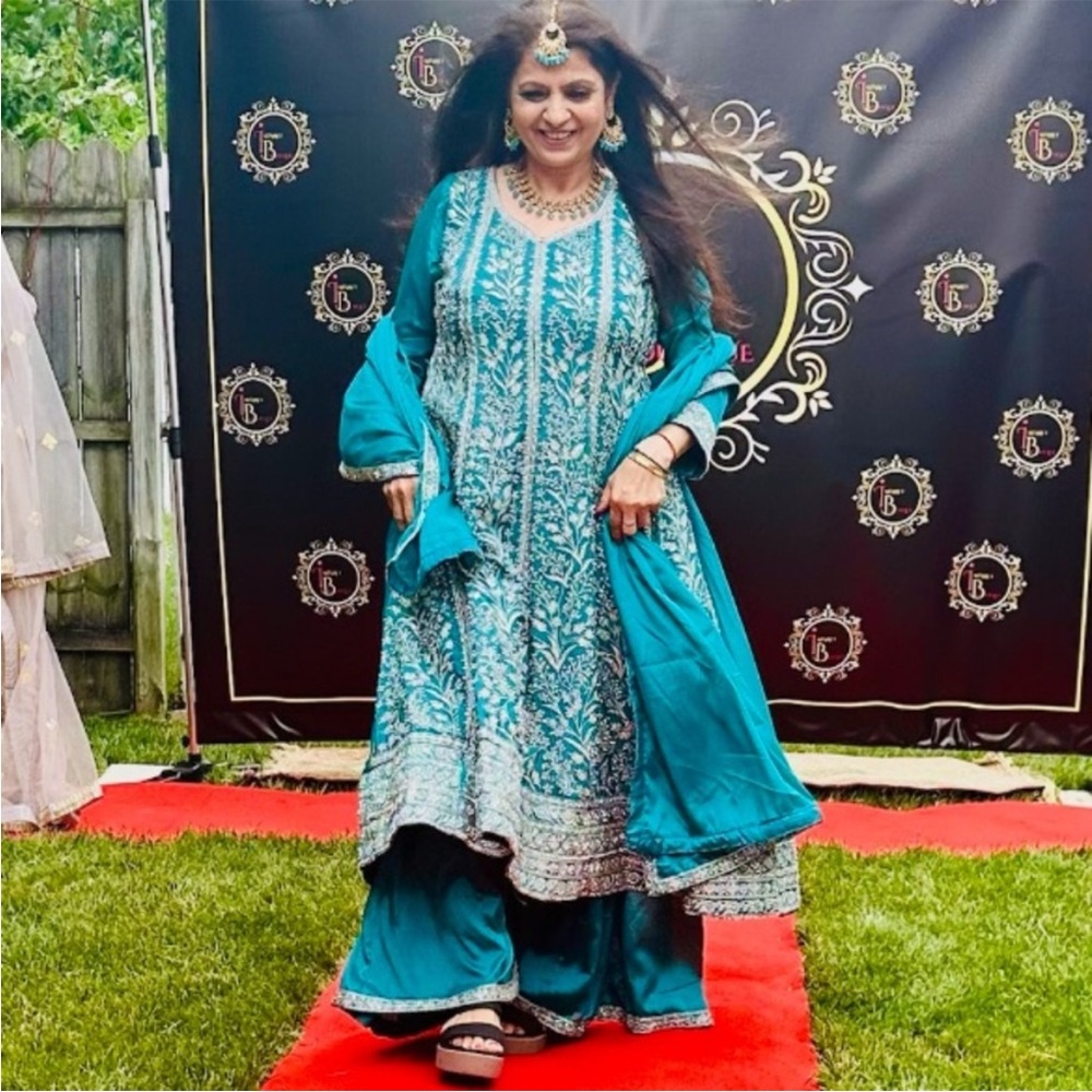 Vibrant Teal Embroidered Indian outfit with palazzo
